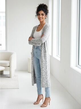 Light Gray Leopard Print Longline Cardigan